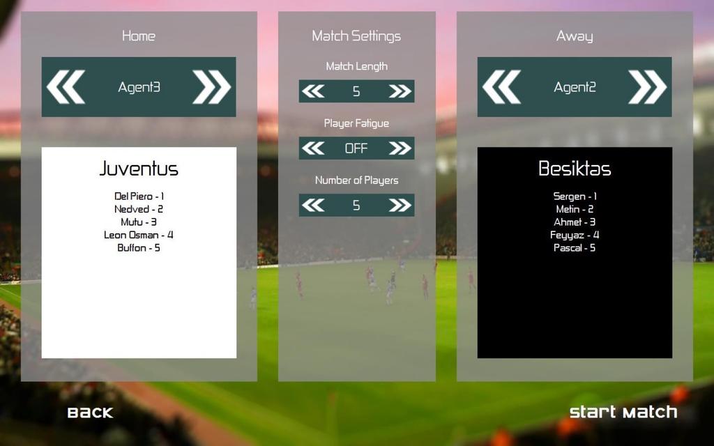Şekil 6: Maç başlatma ekranı vi. Simülasyon ekranı Maç başlatma ekranından yapılan ayarlar ışığında simülasyon bu ekrandan başlatılabilmektedir.