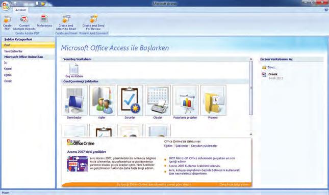 Access penceresi diğer ofis uygulamalarına benzerdir, onlardan farklı olarak Gezinti Bölmesi bulunmaktadır. Gezinti Bölmesi veri tabanı nesnelerinin süzülmüş listelerini görüntüler.