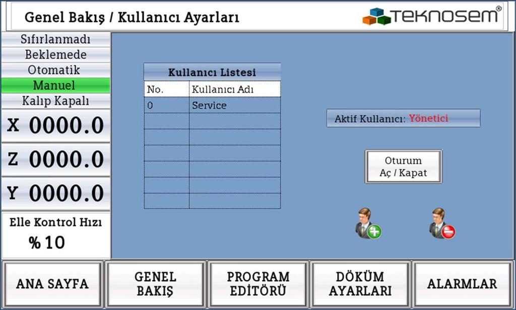 GENEL BAKIŞ Kullanıcı Ayarları Ekranı 1 2 3 4 1 Kullanıcı Listesi: Sistemde tanımlanmış kullanıcıları listeler. 2 Aktif Kullanıcı: Yetkisiz, operatör ve yönetici olarak gruplandırılır.