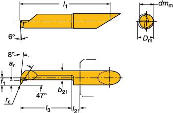 GENERL TURNNG Small part machining Küçük parça işleme CoroTurn XS CoroTurn XS kesici uçları Kopyalama Uzatılmış f 1 ölçüsüne sahip kesici uçlar CXS-.