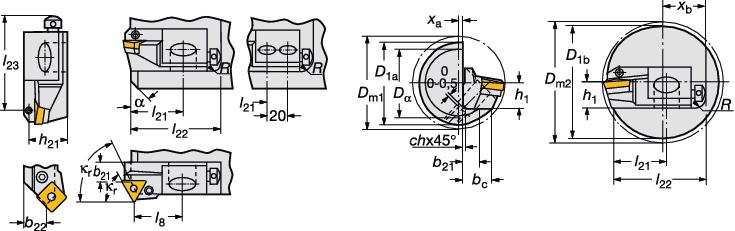 GENERL TURNNG uild-in tools Kartuşlar - Negatif temel şekilli kesici uçlar için kartuşlar CoroTurn RC ve T-MX P kartuşları için montaj ölçüleri İnç ölçüler D 1a, Dα ve D 1b ölçülerinin hesaplanması