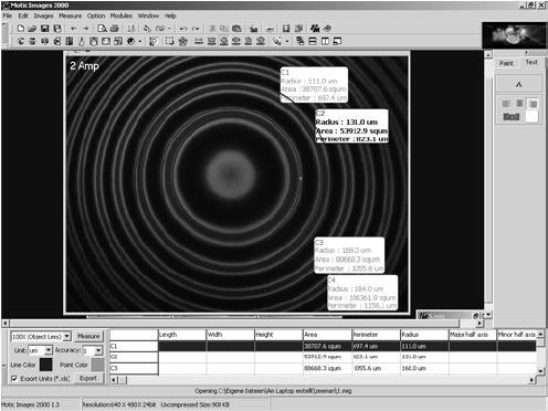 Şekil 8. Girişim halkalarının yarıçaplarını ölçmek için kullanılan yazılımın ekran görüntüsü.