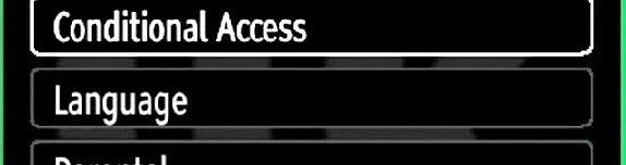 Settings Menu Items Conditional Access: Controls conditional access modules when available. Language: Configures language settings. Parental: Configures parental settings.