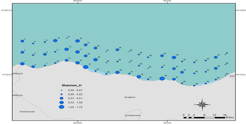 Şekil 14. Balık yumurtalarının istasyonlara göre Shannon indeks değerleri. (Daire büyüklükleri Shannon indeksi ile doğru orantılı olup, üzerlerindeki rakamlar istasyon numaralarını göstermektedir.