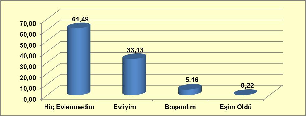 Grafik 9-25: Uyuşturucu Madde Kullanıcılarının Medeni Durumlarına Göre Dağılımı (%) Kaynak: Türkiye Uyuşturucu ve Uyuşturucu Bağımlılığı İzleme Merkezi, 2013.