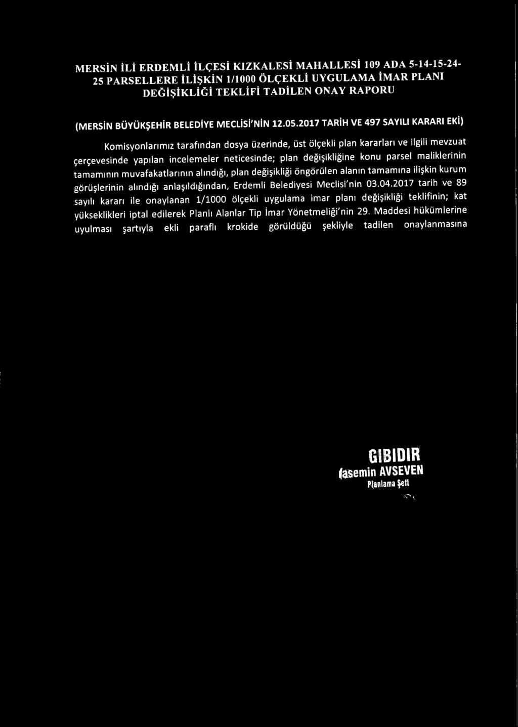 2017 TARİH VE 497 SAYILI KARARI EKİ) Komisyonlarımız tarafından dosya üzerinde, üst ölçekli plan kararları ve ilgili mevzuat çerçevesinde yapılan incelemeler neticesinde; plan değişikliğine konu