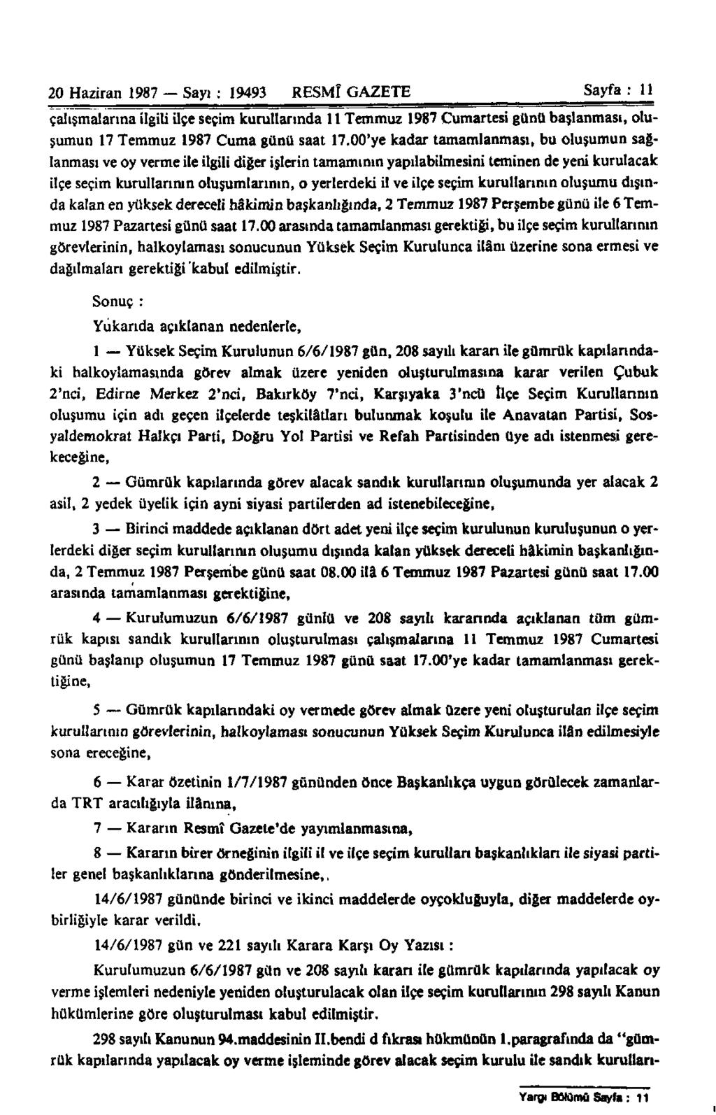 20 Haziran 1987 Sayı : 19493 RESMÎ GAZETE Sayfa : 11 çalışmalarına ilgili ilçe seçim kurullarında 11 Temmuz 1987 Cumartesi günü başlanması, oluşumun 17 Temmuz 1987 Cuma günü saat 17.