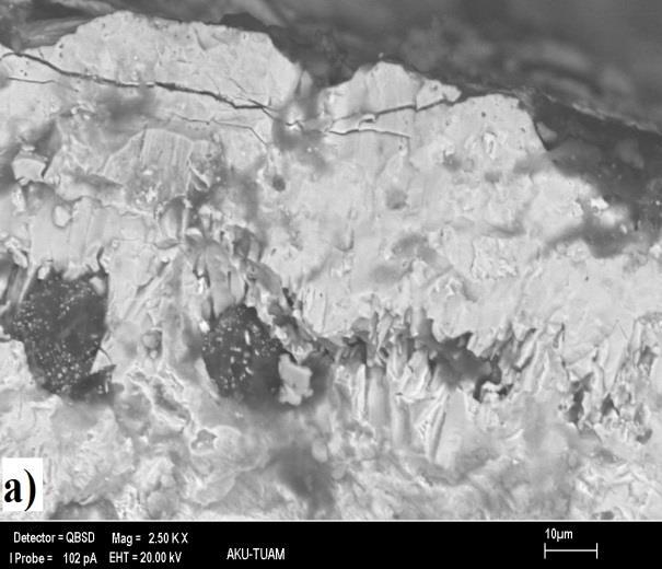 350 MPa gerilme altında yorulma deneyi sonucunda GGG 40 sınıfı küresel grafitli dökme demir numunenin, kırık yüzeyine ait SEM fotoğrafı Şekil 5 de görülmektedir.