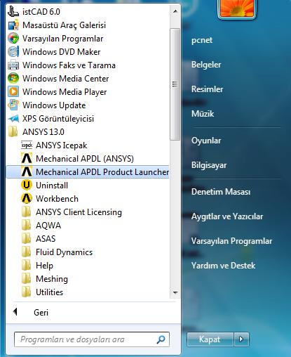 Programın Açılışı 1. Windows un başlat menüsünden Mechanical APDL Product Launcher sekmesini çalıştırınız. 2.