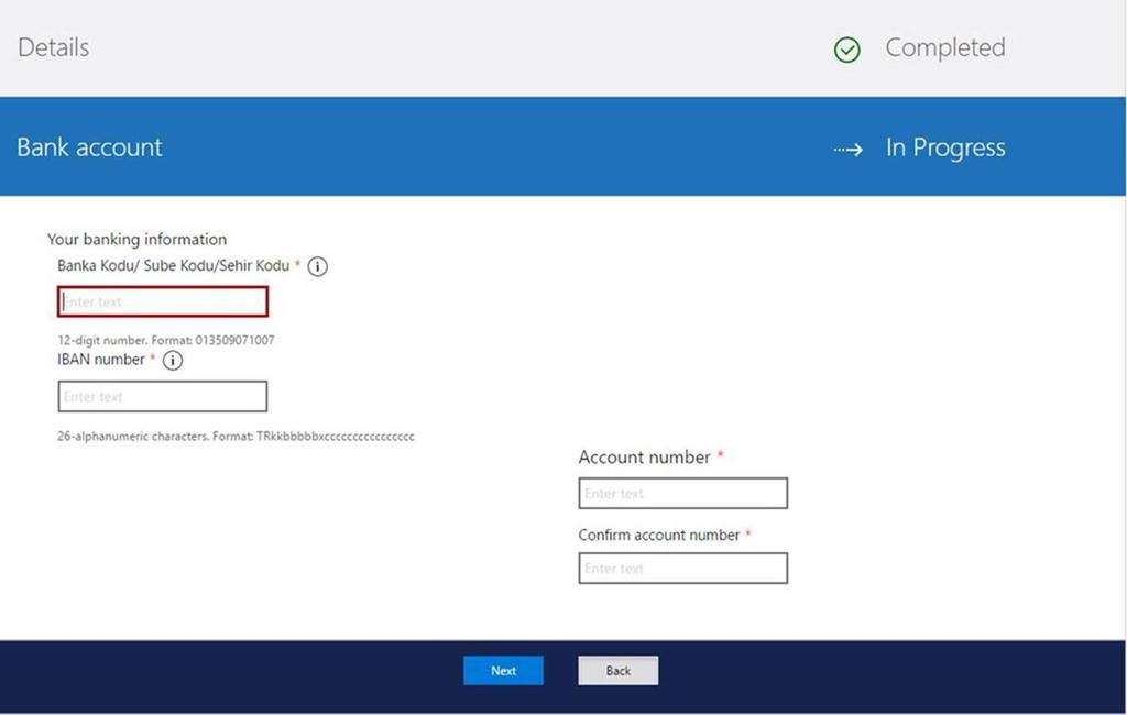 Banka bilgileri ile ilgili aşağıdaki gibi bir ekran ile karşılaşırsanız, banka kodu ve şube kodunu öğrendikten sonra hane olarak şu şekilde girmeniz gerekiyor: digits = 4 Bank code + 5 branch code +