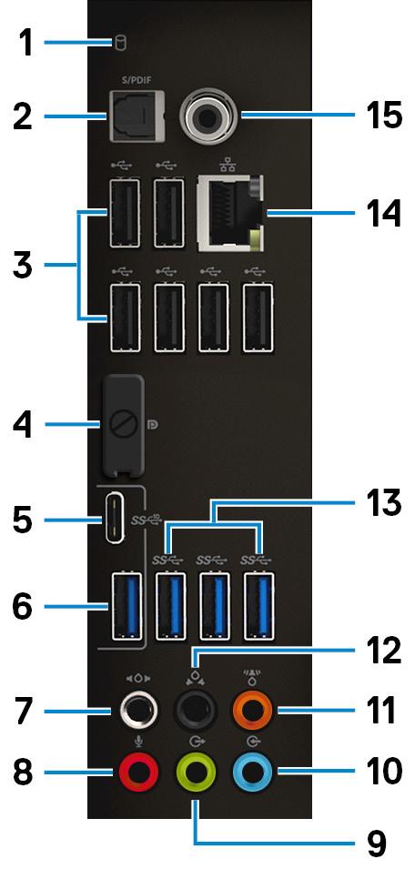 Identifier Arka panel GUID-9D3D8EAC-94E5-4C30-B7D2-B3BD1E78F697 1 Sabit sürücü etkinliği ışığı Bilgisayar sabit diskte okuduğunda veya yazdığında yanar.