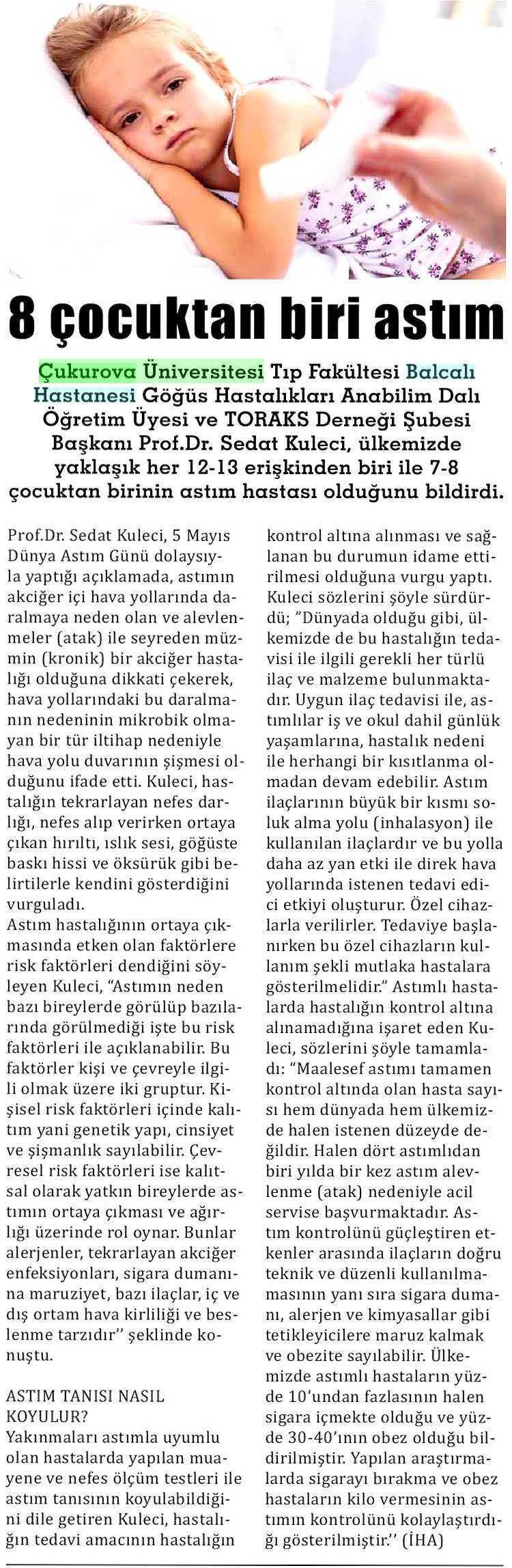 8 ÇOCUKTAN BIRI ASTIM Yayın Adı : Çukurova Gazetesi