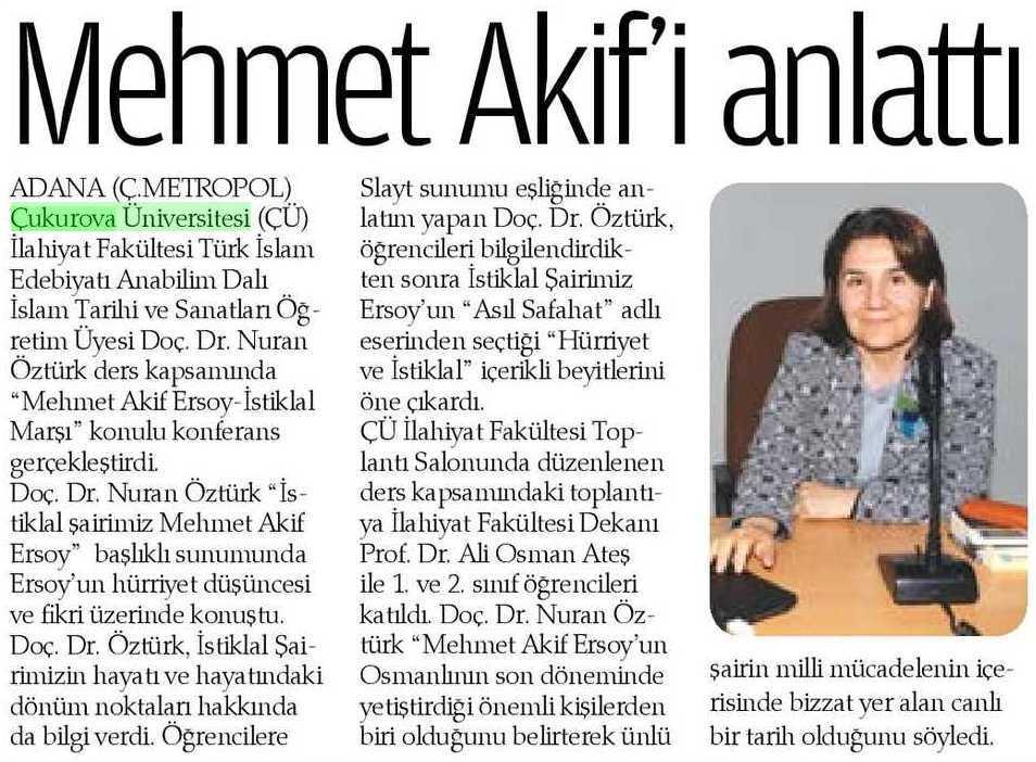 MEHMET AKIF I ANLATTI Yayın Adı : Adana Çukurova