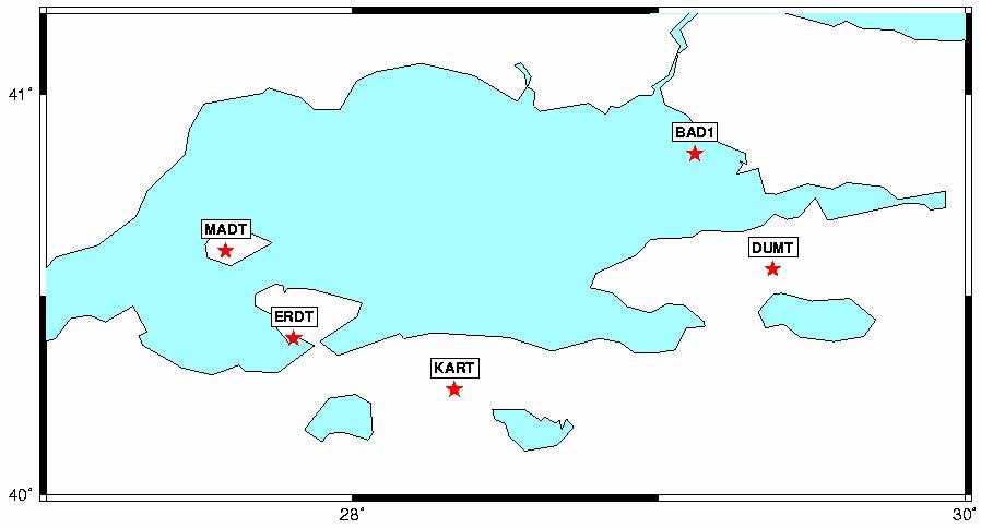 Şekil 66: Uygulamada kullanılan MAGNET istasyonlarının dağılımı Sonraki aşamada, İstanbul sabit GPS istasyonunun her üç bileşeninden hesaplanan senelik ve altı aylık etkiler, ilgili zaman anlarındaki