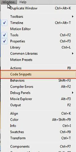 Code Snippet Panelini Kullanarak ActionScript Ekleme Code Snippet paneli, yeni başlayanların AS3 a