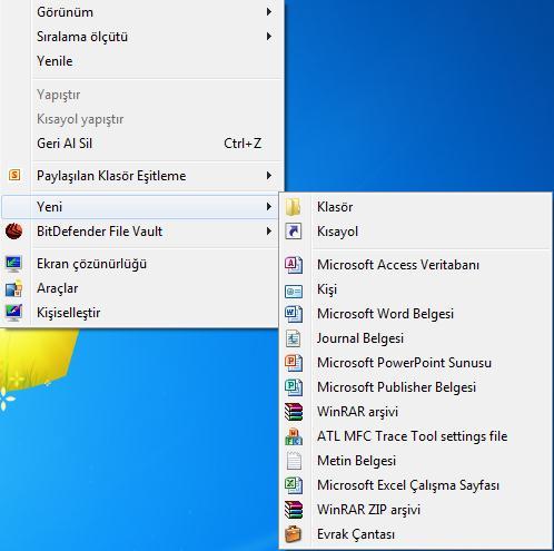 WINDOWS 7 Yeni Klasör Oluşturmak Masaüstü ekranının ya da önceden varolan bir klasörün boş bir