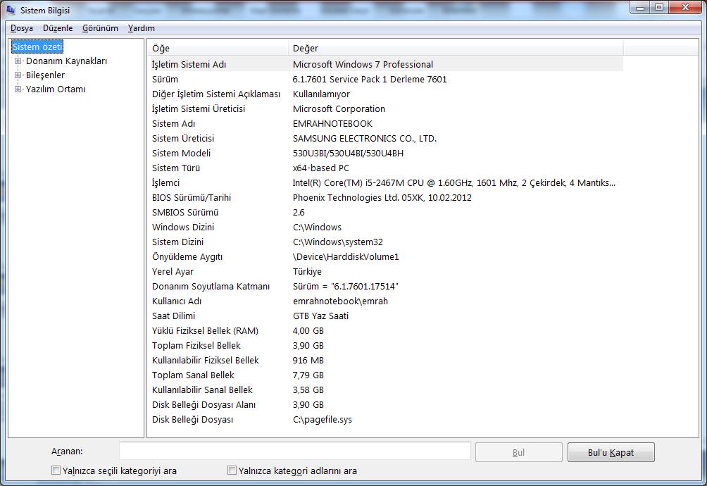 WINDOWS 7 Sistem Bilgisi Bilgisayarınızın donanım yapılandırması,