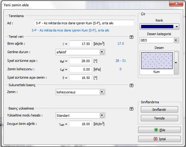 Malzeme Penceresi Yapının malzeme özellikleri Daha sonra, zemin parametrelerini Zeminler penceresinde Ekle butonuna basarak