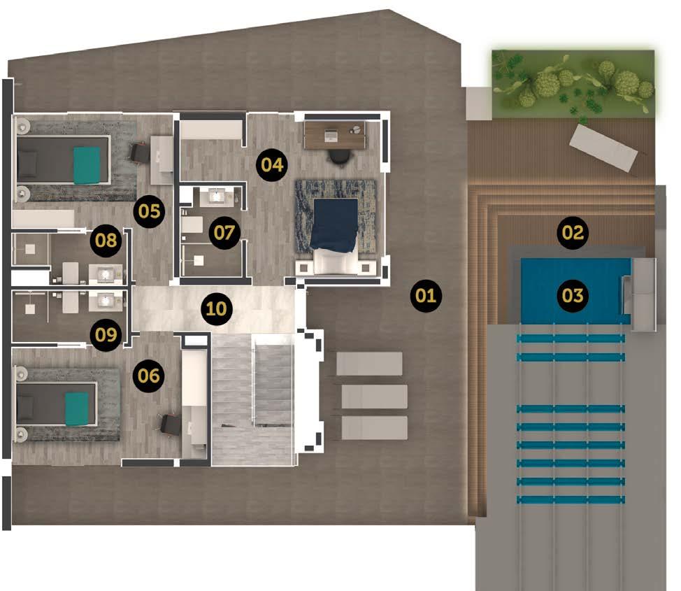 16,50 m 2 : 8,14 m 2 : 13,11 m 2 : 4,78 m 2 : 32,71 m 2 : 17,26 m 2 : 2,75 m 2 : 4,54 m 2 01 Teras 02 Teras 03 Havuz 04 Yatak Odası 05 Yatak Odası 06 Yatak Odası 07