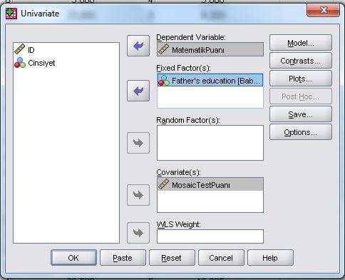 Yandaki resimde görüldüğü üzere Bağımlı değişkene MatematikPuanı grup