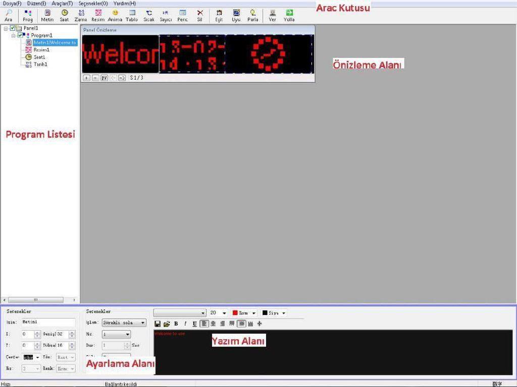 Program Listesi, Ayarlama Alanı, Yazım Alanı, Önizleme Alanı olmak üzere beş parçadır.