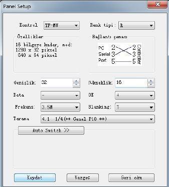 Kontrol: Kontrol kartı seçilir. Bu projede TF-MU kullanılmıştır. Renk Tipi: R Tek Renk, RG Çift Renk, RGB ise RGB paneller için kullanılır.