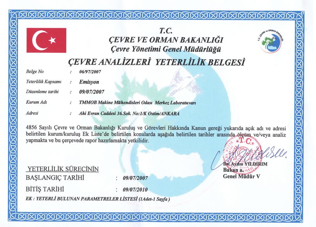 Laboratuvarımız, Çevre ve Orman Bakanlığı Çevre Referans