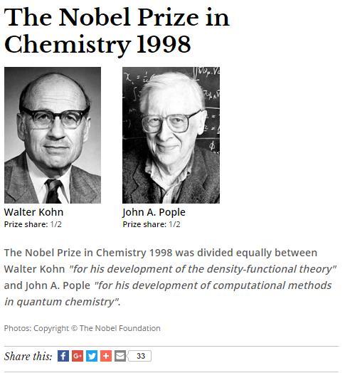 1998 de Pople ve Kohn`a komputasyonel yöntemlerin ve moleküler modellemenin