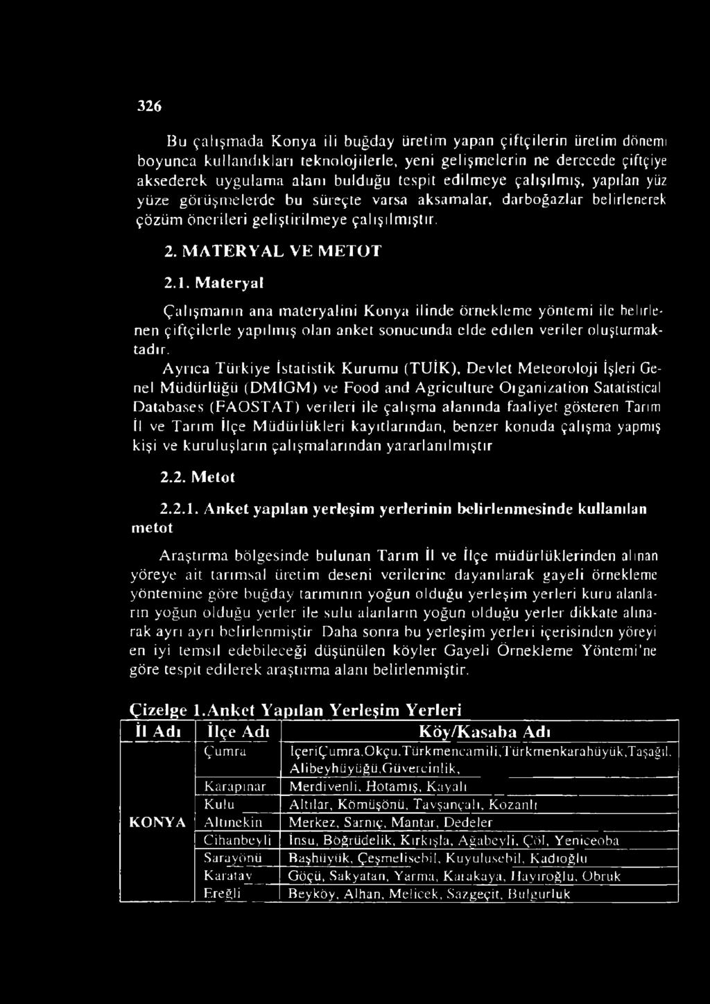 Materyal Çalışmanın ana materyalini Konya ilinde örnekleme yöntemi ile belirlenen çiftçilerle yapılmış olan anket sonucunda elde edilen veriler oluşturmaktadır.