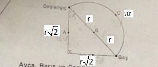 Çemberin yarıçapına r diyerek tüm uzunlukları yazalım. B yolu, çemberin çapıdır mesafe: r r 1 dersek r diyebiliriz. A yolu, İkizkenar dik kenarlarının toplamıdır. mesafe r r r r 1, 1,4 r,8 dir.