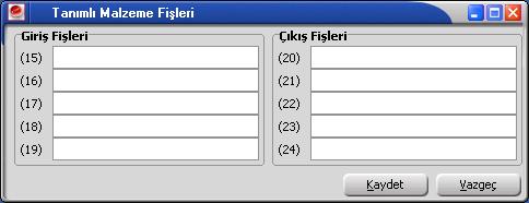 Tanımlı Stok Fişleri ve Tanımlı İrsaliyeler Stok program bölümünde standart olarak bulunan fişlerin dışında firmanın iç işleyişini izlemek için beşer adet giriş ve çıkış fişi tanımlamak mümkündür.