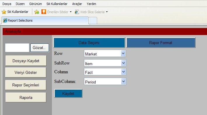 4) Rapor Format tabından rapor formatı belirlenir.burada verinin boyutlarının üreteceğimiz raporun hangi alanında olacağı seçilip kaydedilir.