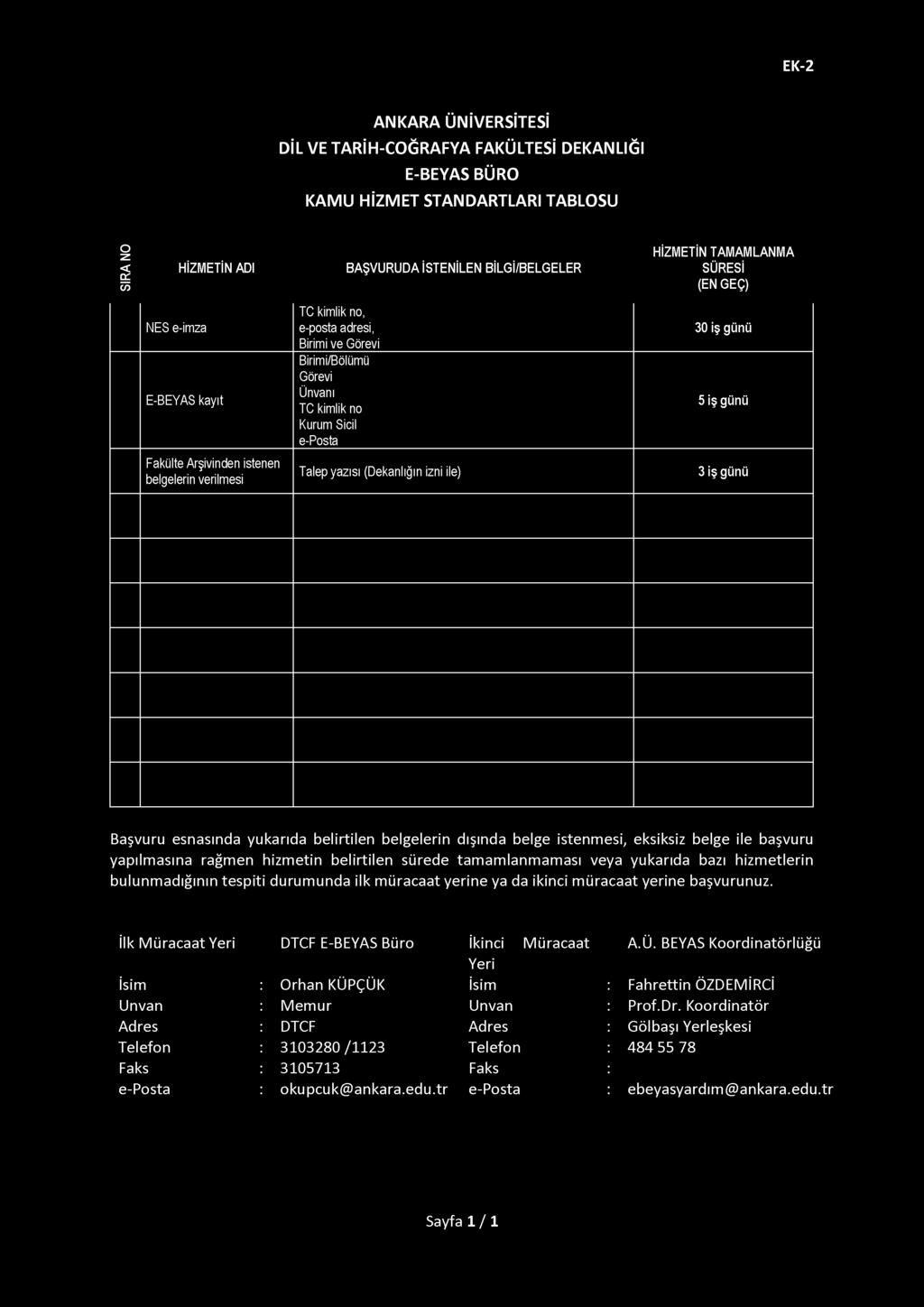 (Dekanlığın izni ile) 30 iş günü 5 iş günü 3 iş günü İlk Müracaat Yeri DTCF E-BEYAS Büro İkinci Müracaat A.Ü.