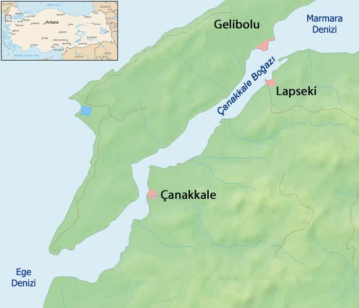 Çanakkale Boğazı, İstanbul Boğazı'nın iki katıdır ve en dar yeri orta tarafında 1300 m'dir. Burasıgüneyde Çanakkale kenti kuzeyde Kilitbahir'in olduğu yerdir.