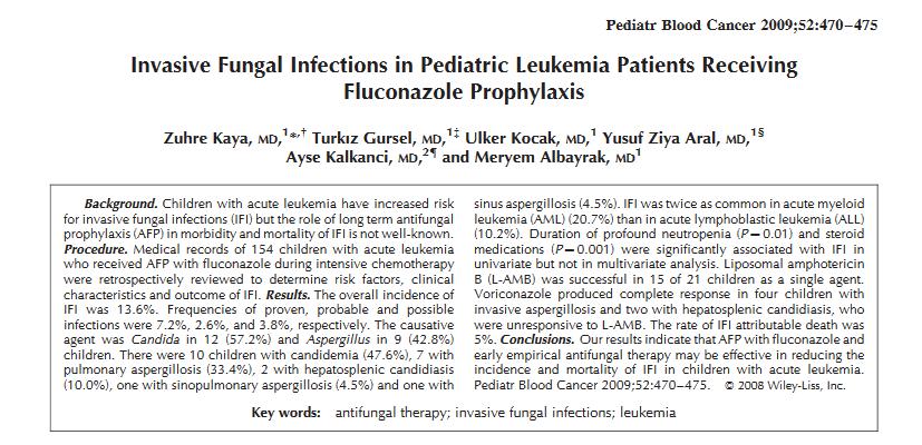 İnvazif Fungal İnfeksiyonların Sıklığı N=154 Flukonazol profilaksisi ALL Sıklık:%13.