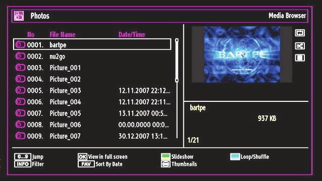 Jump (Numeric buttons): Jump to selected file using the numeric buttons. OK: Views the selected picture in full screen. Slideshow (GREEN button): Starts the slideshow using all images.