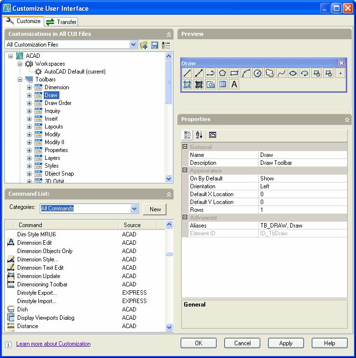 ARAÇ ÇUBUKLARINI ÖZELLEŞTİRME: Autocad 2006 araç çubuklarını özelleştirmede çok kolaylıklar getirmiştir.