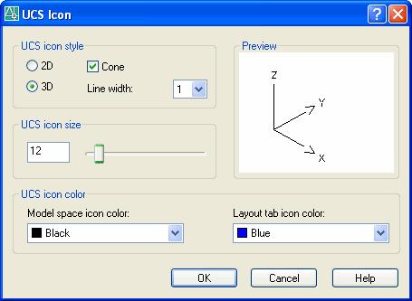 Properties: Bu seçeneği seçtiğimizde UCS icon iletişim kutusu açılır. Bu diyalog kutusu ile UCS ikonunun görünümlerini ayarlayabilirsiniz.