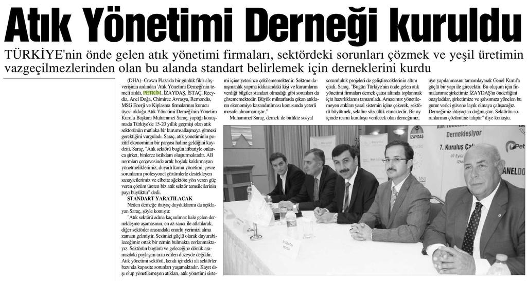 Atık Yönetimi Derneği kuruldu Yayın Adı İstanbul Gazetesi Yayın Tarihi 11.09.