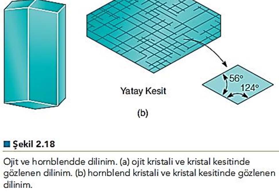 sahiptir. Bununla beraber ojitin dilinim düzlemleri birbirini yaklaşık 90 de keserken hornblend de 56 ve 124 lik açılarla keser (şekil 2.18).