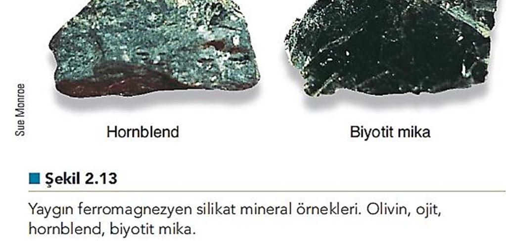 Olivin, piroksenler, amfiboller ve biyotit yaygın rastlanan bazı ferromagnezyen silikat minerallerdir.