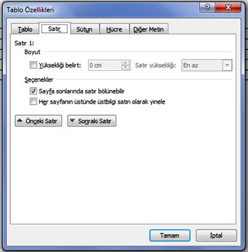 gibi ve Tablo Özellikleri seçilir. Tablo özelliklerine tıkladığımızda karşımıza yandaki menü gelir.