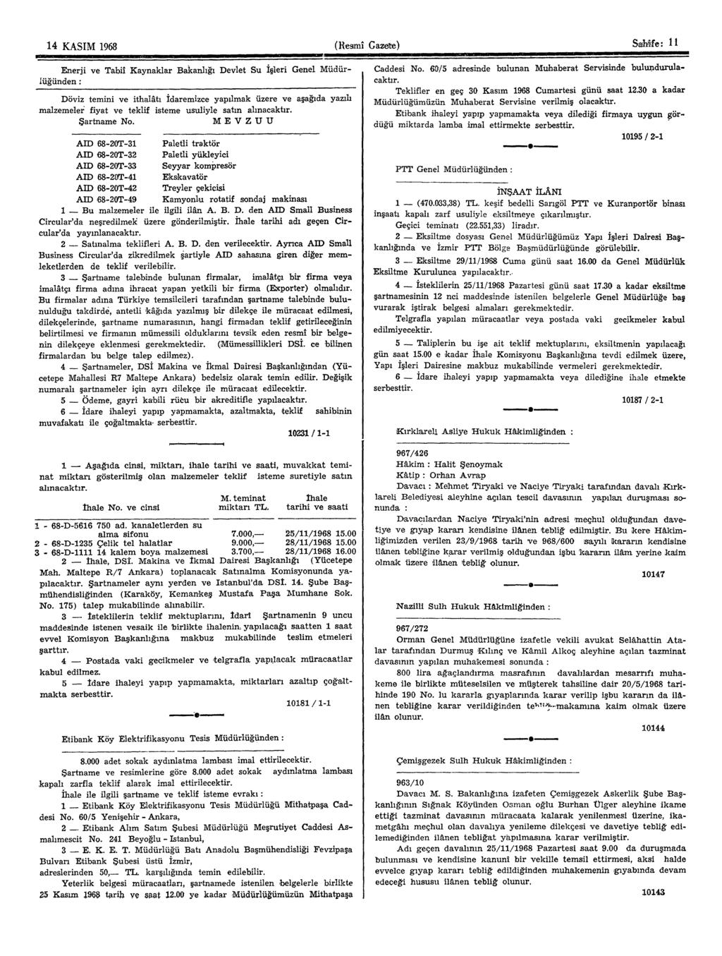 14 KASIM 1968 (Resmî Gazöte) Satófe: 11 Enerji ve Tabiî Kaynaklar Bakanlığı Devlet Su İğleri Genel Müdüriuğunden: Döviz temini ve ithalâtı İdaremizce yapılmak üzere ve aşağıda yazılı malzemeler fiyat