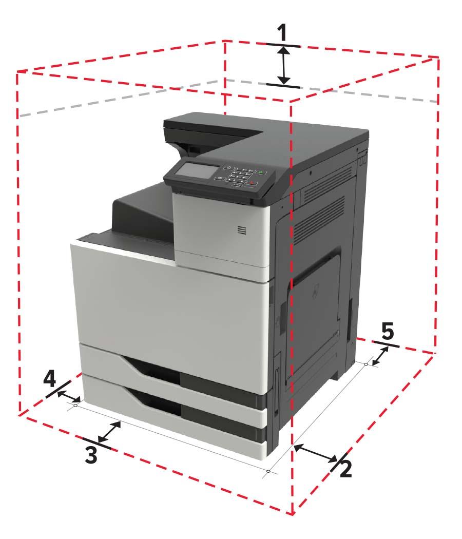 Yazıcıyı tanıma 10 Ortam sıcaklığı 10 ila 30 C (50 ila 86 F) Saklama sıcaklığı -10-40 C (14-104 F) Doğru havalandırma için yazıcının etrafında aşağıdaki önerilen boşlukları bırakın: 1 Üst 150 mm (5,9