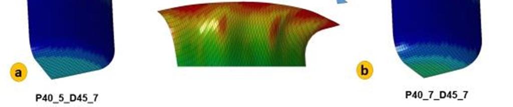 Kalıp geometrisinin belirlenmesinde kullanılan bazı modellerdeki buruşma etkisi a) P40_5_D45_7 isimli model b) P40_7_D45_7 isimli model Çözülen diğer modeller değerlendirilirken