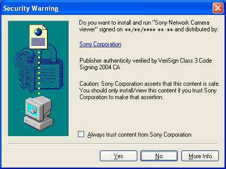 Kameranın ana izleyicisi ilk kez gösterildiğinde Security Warning mesajı gösterilir. Yes e tıkladığınızda ActiveX kontrol yüklenir ve izleyici gösterilir. Bilgisayarda antivirus yazılımı vb.