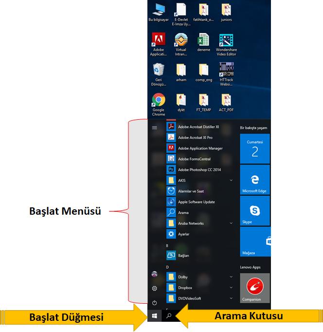 Windows 10 Kullanım Başlat Menüsü: Bilgisayarınızdaki programların kısa bir listesi gösterilmektedir. Tüm Programlar tıklatıldığında programların tam listesi gösterilir.