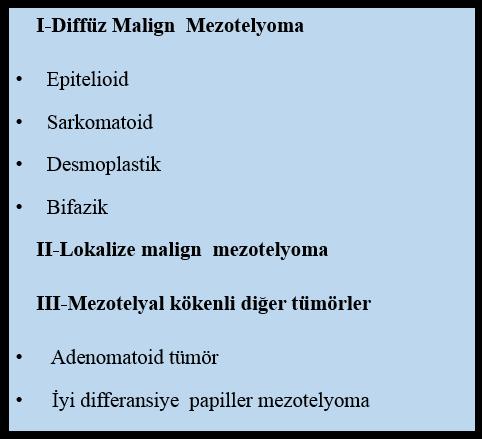 Tablo 3: Mezotelyal Tümörler- 2004 WHO Sınıflaması Mezotelyoma yüksek dereceli bir neoplazi olmasına karşın, hücreleri düşük atipili olup, monoton görünüm içerir.