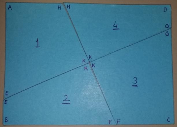3. Bulgular Şekil-1 Şekil-2 Tanımlar: KDP: Şekil-1 dörtgeni içine çizilen karşılıklı kenarlarda başlayıp biten ve dörtgeni dört parçaya bölen Kesişen Doğru Parçaları.