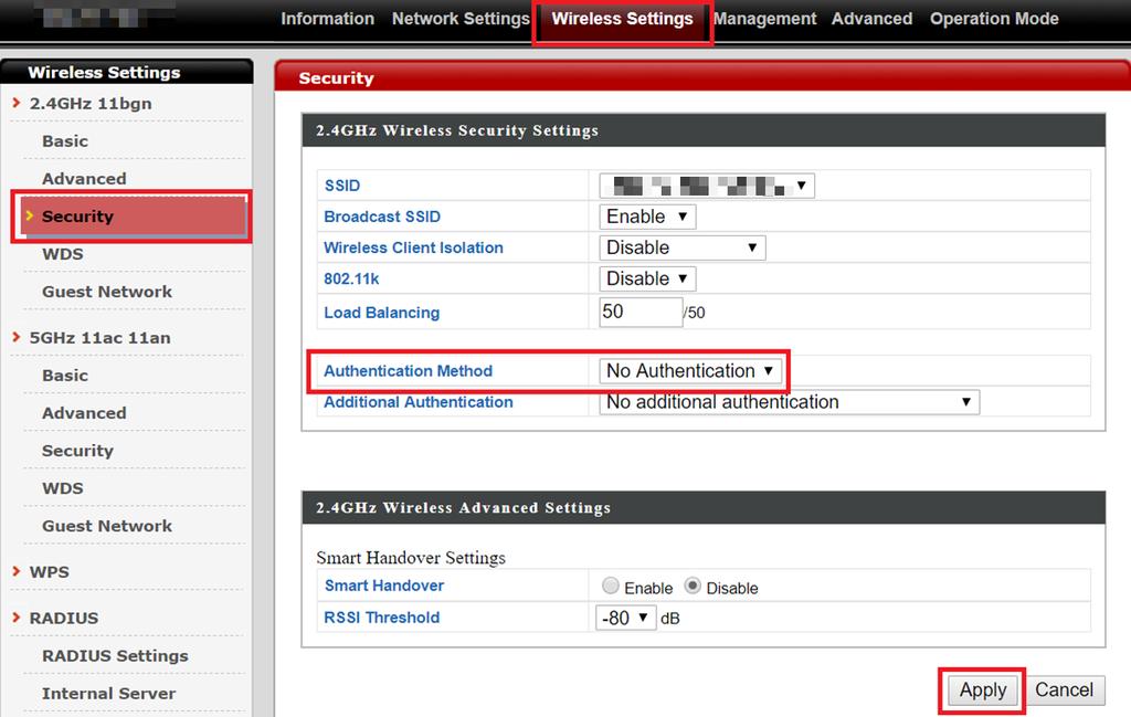 2.4GHz kablosuz ağın Güvenlik Ayarlarının yapılandırılması 1. Kablosuz Ayarları > 2.